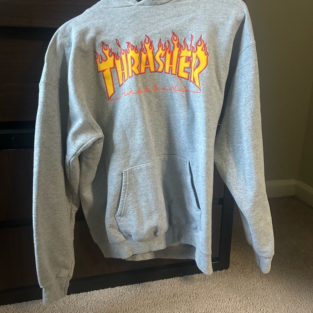 Thrasher Grey Hoodie with Yellow-Orange Flame Logo